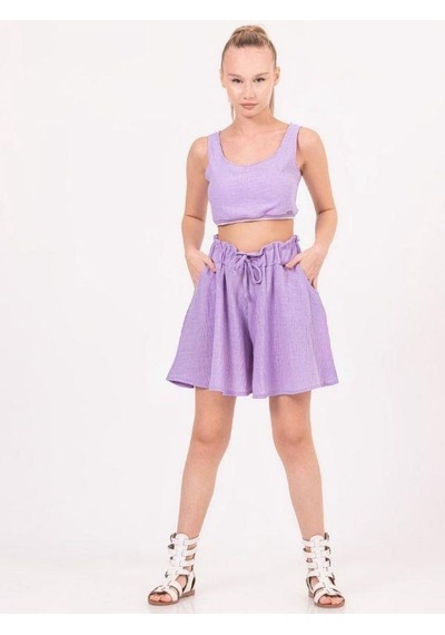 Kız Çocuk Keten Kısa Crop Bluz-13938-lila Lila
