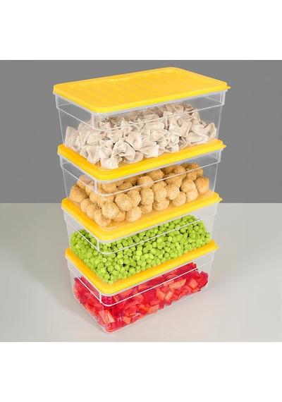 4'lü Derin Buzdolabı Organizer Set Düzenleyici Saklama Kabı Mikrodalga Difriz Kabı 2500ml Sarı Çok Renkli