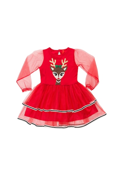 Denokids Tüllü Geyik Kız Kırmızı Yılbaşı Tütü Elbise Kırmızı