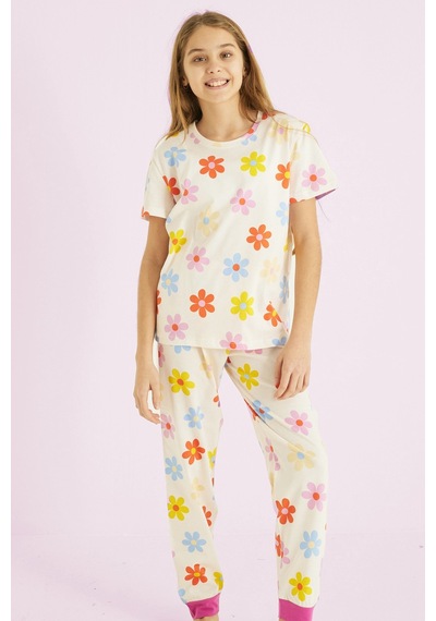 Siyah İnci Kız Çocuk %100 Pamuk Çiçek Baskılı Bisiklet Yaka Pijama Takım25110054 Ekru