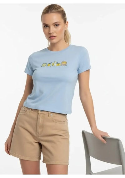 Park Karon 26025 Pamuk Desenli Crop Boy Bisiklet Yaka Örme Bluz Bebe Mavi 40