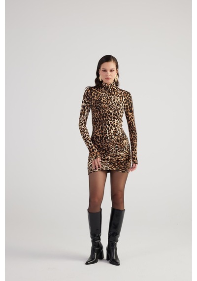 Holly Lolly Leopar Desenli Balıkçı Yaka Mini Britney Elbise Kahve