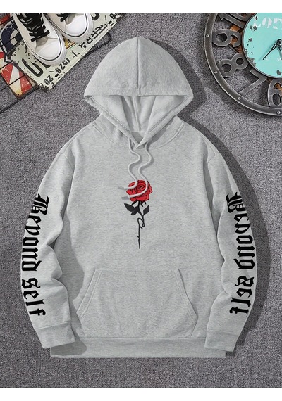 Startmore Startmoregül Sanatsal Mektup Baskılı Kapüşonlular Rahat Sokak Kadın Tişörtü Rahat Polar Kazak Crewneck Gri