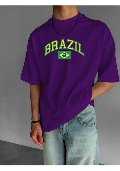 Brazıl Baskılı Oversize Tişört Mor