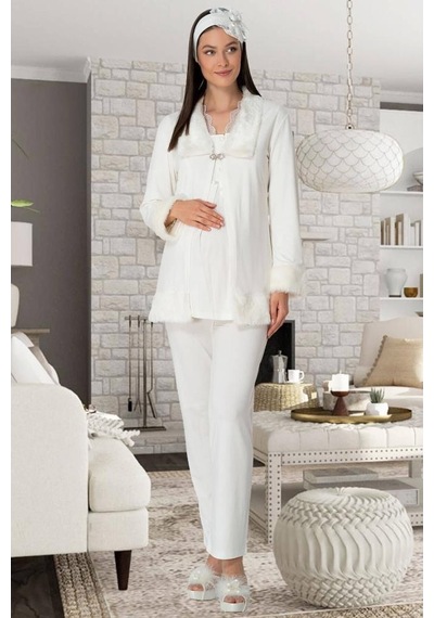 Mecit Pijama Mecit 5304 Ecru Peluş Detaylı Sabahlıklı Lohusa Pijama Takımı