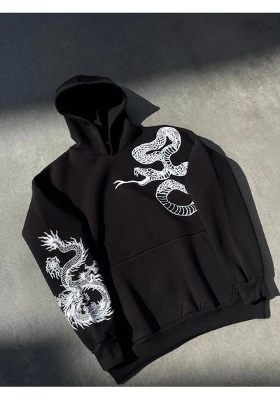 Valensdesign Uzun Kol Kapşonlu Baskılı Sweatshirt - Siyah