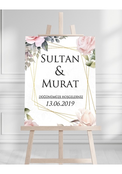 Söz Nişan Düğün İçin 50x70 Karşılama Panosu - Pembe Gül Desenli 003 Beyaz