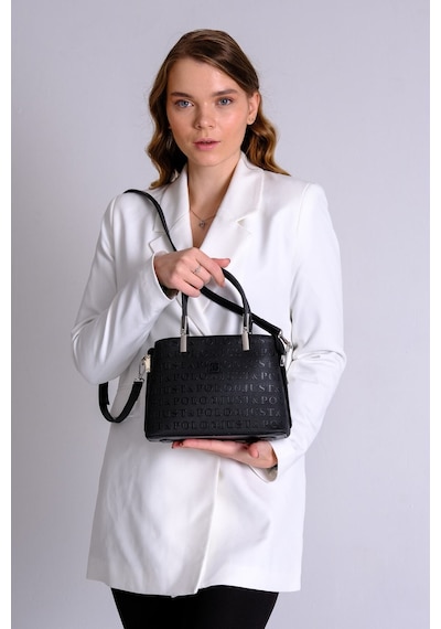 Kadın Siyah Monogram Baskılı Just & Polo Desenli Fermuar Kapama Omuz Ve El Çantası 56884816