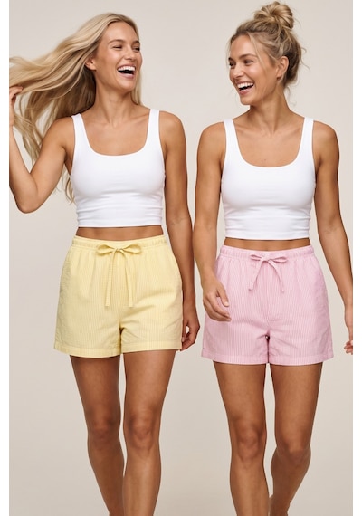 Siyah İnci 2'li Mevsimlik İnce Örme Şortlu Pijama Altı 8064 Çizgili Pembe Sarı