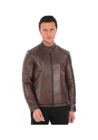 Newzaya Hakiki Deri Slim Fit Erkek Ceket Kahverengi Kahverengi