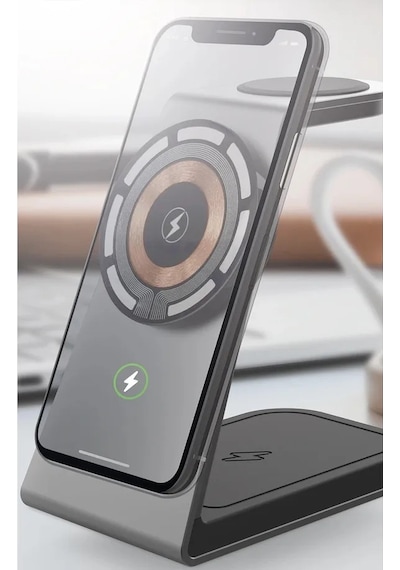Simex 15w 3in1 Hızlı Manyetik Masaüstü Metal Magsafe Kablosuz Şarj Standı Telefon Tutucu Simex Atmosphere Siyah