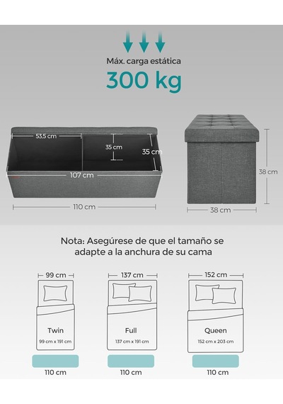 Songmıcs Tabure, Saklama Alanı, Sandık, Saklama Kutusu, Katlanabilir, Maks. Statik Yük 300 Kg, Bölücü, 120 Litre, Genel