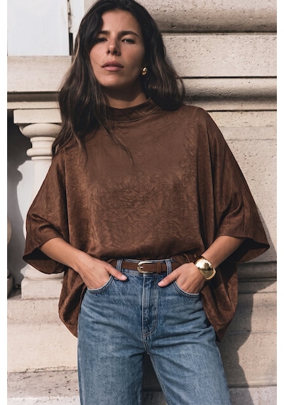 Sateen Yarasa Kol Bluz - Açık Kahve-137826 Açık Kahverengi