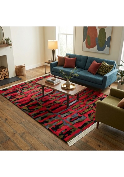 Çağdaş Desenli 200 X 300 İpek Halı Kırmızı