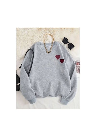Herkesemoda Göğüs Kalp Baskılı Bisiklet Yaka İçi Polarlı Sweatshirt Gri