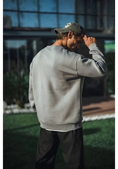 Barlashive Erkek Bisiklet Yaka 3 İplik Pamuklu Basic Sweatshirt - Boyalı Gri Çok Renkli