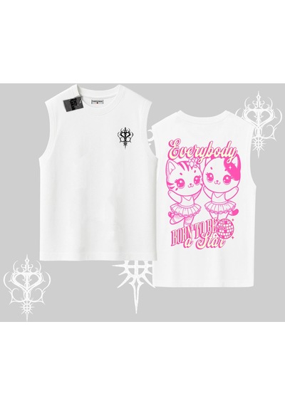 Tarzsokak Born To Be A Star Yazılı Sevimli Kedi Arka Baskılı Kolsuz Tshirt Beyaz