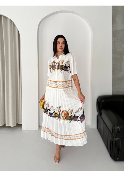 Asprinfashion Plise Etekli Baskılı Bayan Gömlek Etek Takım Beyaz