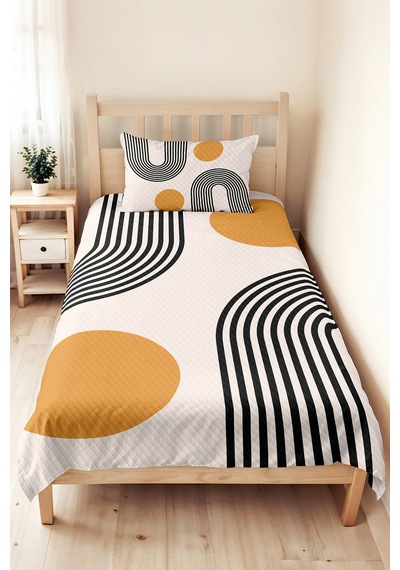 Geometrik Hardal Genç Odası Tek Kişilik Pike Takımı - Modern Siyah 160x220 Cm Kapitone Yatak Örtüsü Keten Eşik Kırıntısı