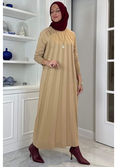 Rabia Şamlı Beyza Fitilli Triko Elbise Bej Normal