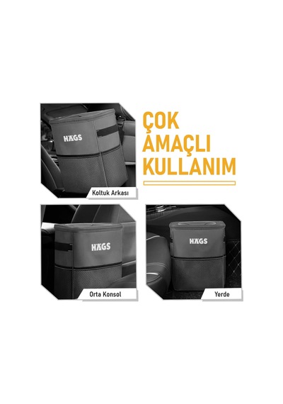 Ayrex Haegs Araç İçi Çöp Kutusu, Oto Çöp Kovası Kapaklı Ve Saklama Cepli%100 Sızdırmaz Organizer Çanta, Su Ge Genel