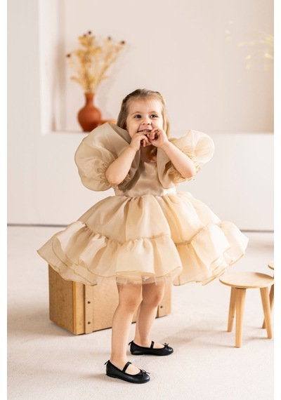 Linola Baby Kids Puffy Şifon Kız Çocuk Parti Elbisesi Bej