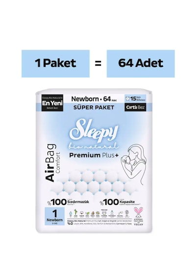 Sleepy Bio Natural Premium Plus Airbag Comfort Süper Paket Bebek Bezi 1 Numara Newborn 64 Adet