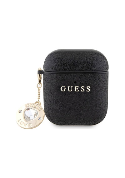 Apple Uyumlu AirPods Kılıf Guess Lisanslı Glitter Elmas Kalp Süs Zincirli Siyah