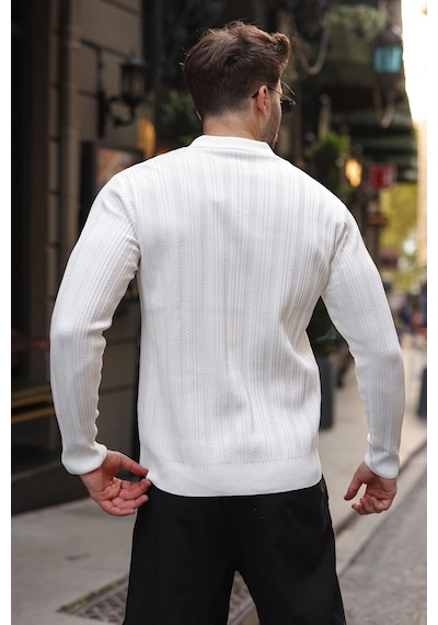 Madmext Beyaz Polo Yaka Desenli Over Fit Erkek Triko Kazak E7517
