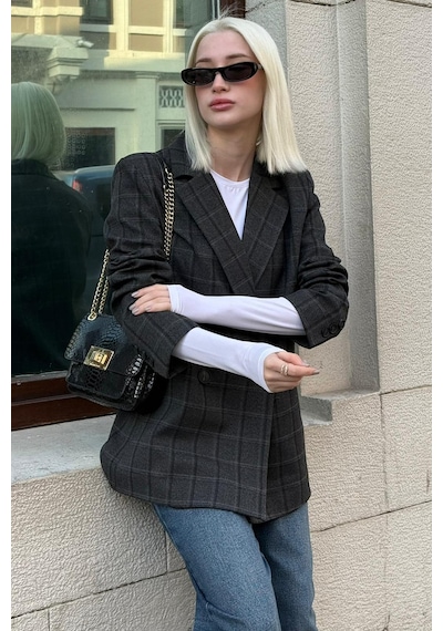 Antrasit Kareli Kadın Blazer Ceket Mg2624 Antrasit