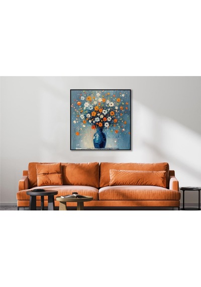 Yağlı Boya Dokulu Tablo Vazoda Renkli Modern Çiçekler Siyah Çerçeveli U02061-178914