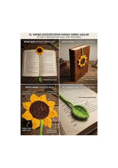 Amigurumi El Yapımı Ayçiçeği Kitap Ayracı Yüksek Kaliteli Malzeme, Detaylı İnce İşçilik