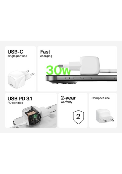 Belkin Boostcharge Power Adaptör Usb-c Compact 30 Watt Wca008kqwh