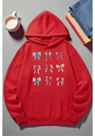 Uyguntarz Unisex Renkli Kurdele Baskılı Kapüşonlu Sweatshirt Kırmızı