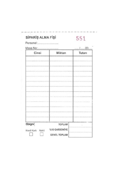 Adisyon Otokopili 1. Hamur Numaralı 50X2 Nüsha 10 Lu Paket Özkan