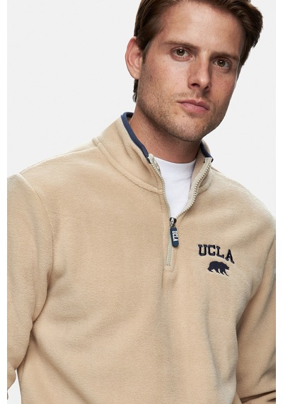 Ucla Cornıng Koyu Bej Yarım Fermuarlı Nakışlı Polar Standard Fit Erkek Sweatshirt Koyu Bej
