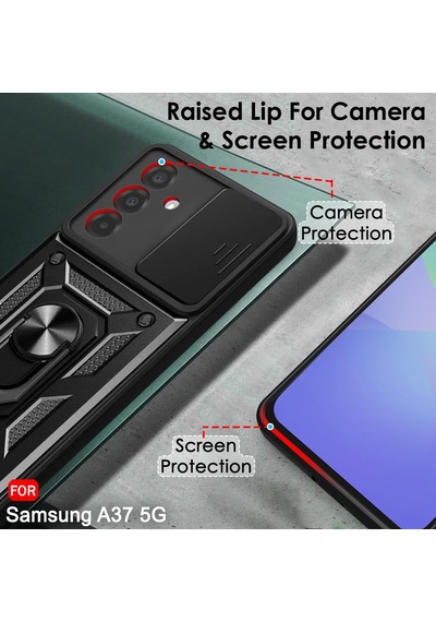 Samsung Galaxy A37 İle Uyumlu Kılıf Magnetik Standlı Kamera Korumalı Sürgülü Kapak Siyah