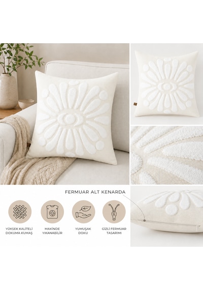 Flora 43x43 Cm Dekoratif Kırlent Kılıfı Kabartmalı Çiçek Desenli Modern Koltuk Yastık Kılıfı Krem
