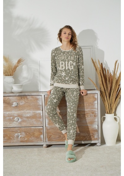 Sevim Kadın Uzun Kol Jakarlı Kalın Haki Pijama Takımı C1t5n0o91 001