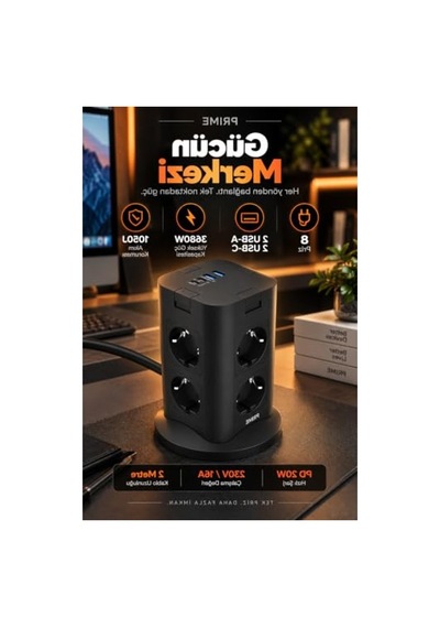 Fulltech Prıme 8 Li Akım Korumalı Kule Priz 3680w - Pd 20w, 1050j Koruma, 2 Usb-c + 2 Usb-a, 4 Bağımsız Güç Anahtarı, 2 Metre Kablolu Dikey Çoklu Priz Grup Priz Kule Tipi Grup Priz