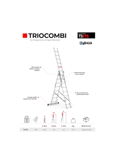 Çağsan TS175 3x8 Basamaklı Triocombi Üç Parçalı Çok Amaçlı Merdiven