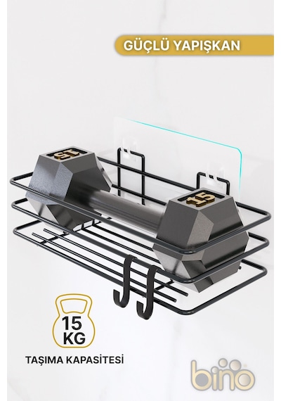 Banyo Düzenleyici Şampuanlık Sabunluk 1 Adet Lüks Metal Yapışkanlı 2 Askılı Duş Rafı Organizer Siyah