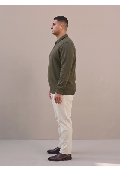 Maccali Erkek Haki Büyük Beden Gizli Fermuarlı Polo Yaka Triko Sweatshirt