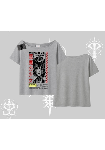 Tarzsokak Kayık Yaka Tshirt Anime Devils Girl Japanese Style Baskılı Gri