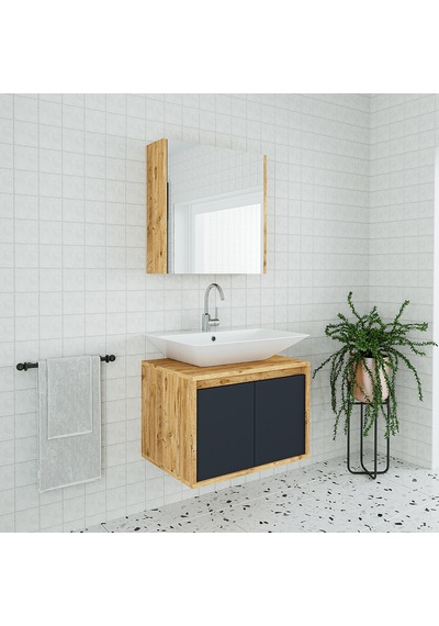 Banos Roomart Lavabolu Ahşap-Antrasit Mdf 65 Cm Banyo Dolabı+Ayna Antrasit