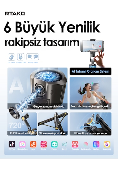360 Motorlu Aı Yüz Takipli Selfie Stick Tripod Bluetooth Kumandalı Şarjlı Telefon Tutucu