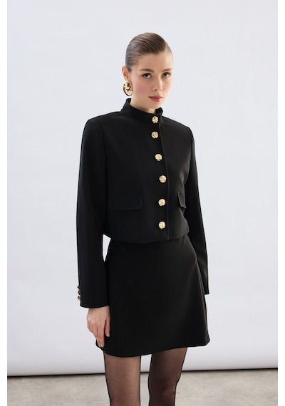 Sateen Düğmeli Kısa Ceket - Siyah-136774 Siyah