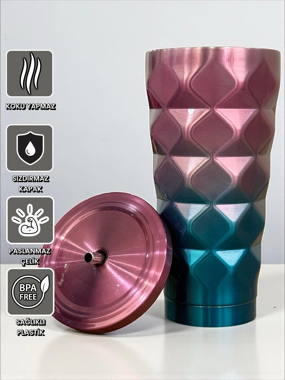 Blueberry Renkli Geometrik Pipetli Termos 500 Ml-soğuk Ve Sıcak İçecekler İçin Lacivert - Kırmızı