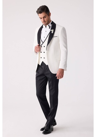 Ysf Erkek Krem Slim Fit Şal Yaka Damatlık