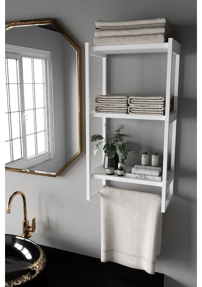 Aju Havluluk Duvar Rafı 3 Katlı Raf Banyo Mutfak Düzenleyici Modern Geniş Depolama Rafı Şık Havlu Askıısı Beyaz